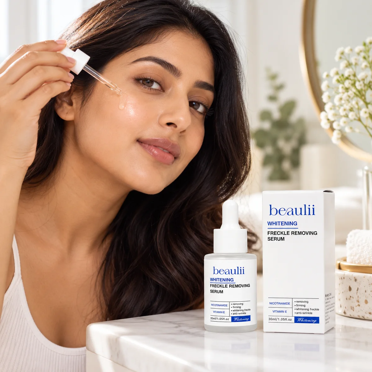 Applying Beaulii Whitening Freckle Removing Serum with dropper for brighter, even skin tone