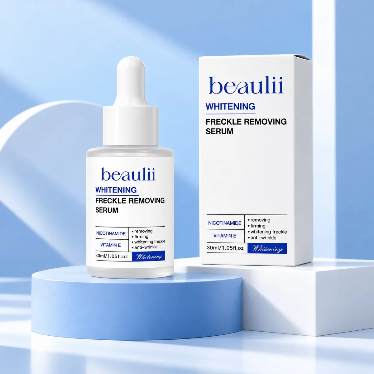 Beaulii Niacinamide brightening serum 30ml bottle and box on a blue podium